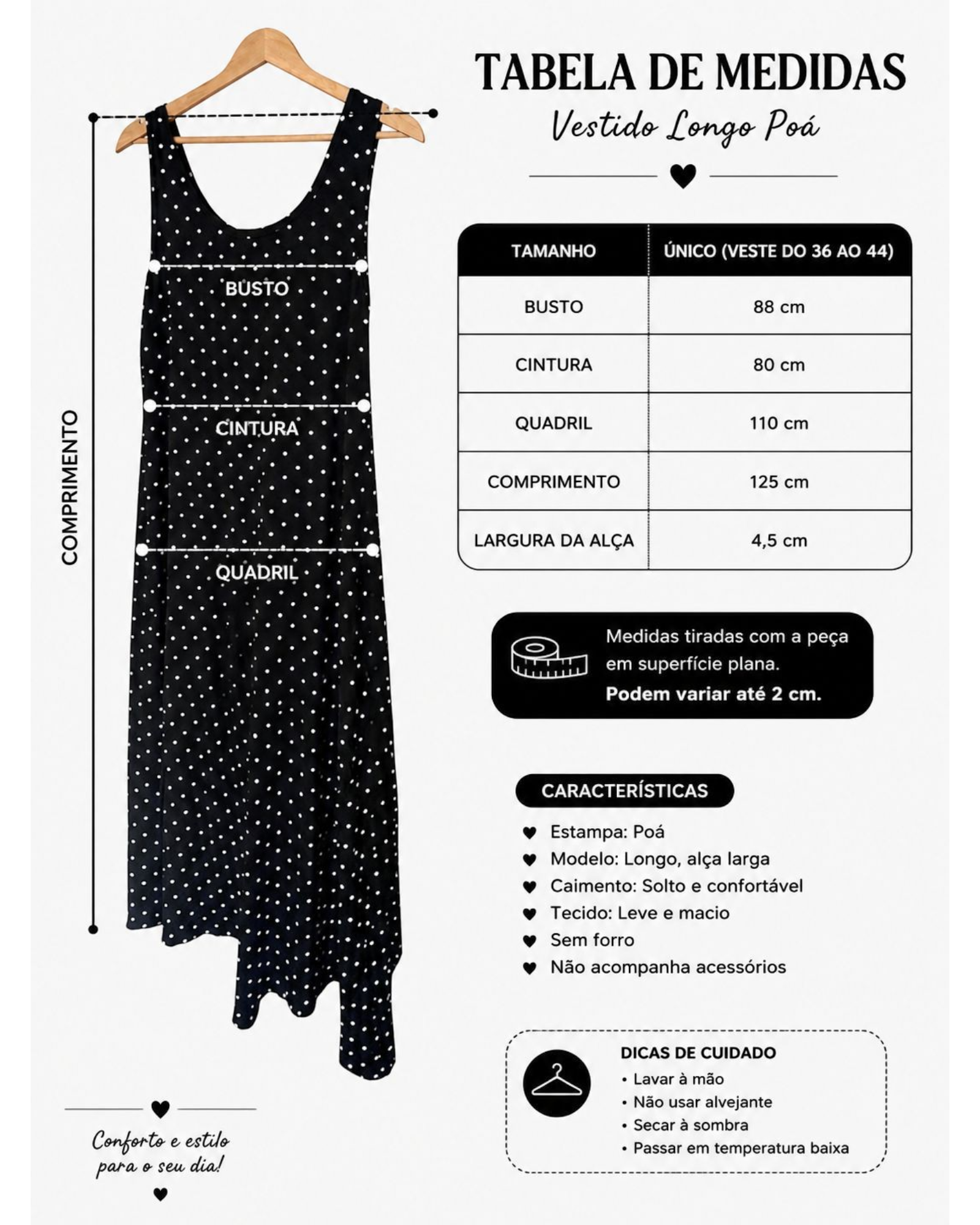 Vestido longo BAZAR OFICIAL EFATA preto com estampa de poá branco, alças largas e modelagem solta em cabide.