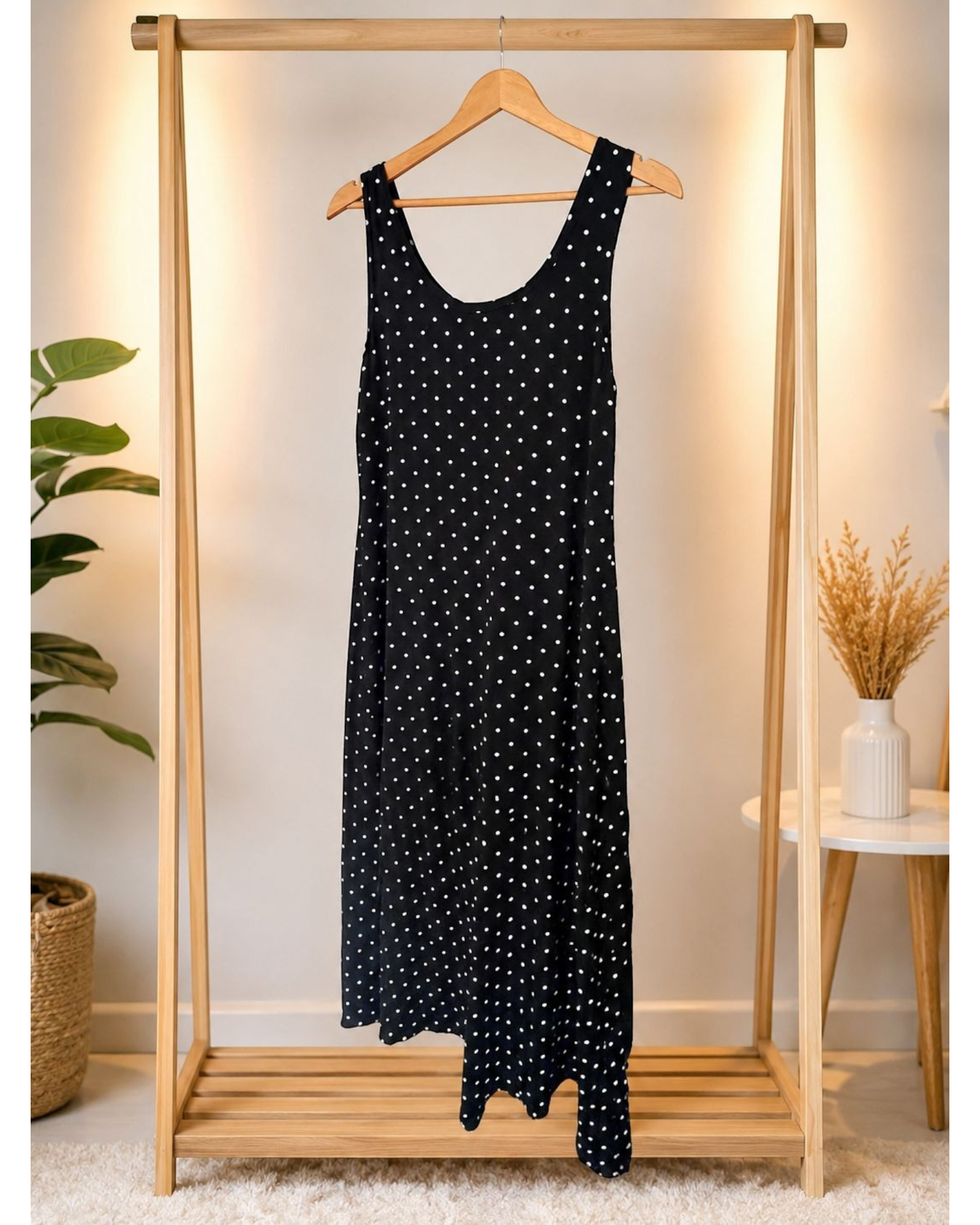 Vestido longo BAZAR OFICIAL EFATA preto com estampa de poá branco, alças largas e decote arredondado em cabide de madeira.
