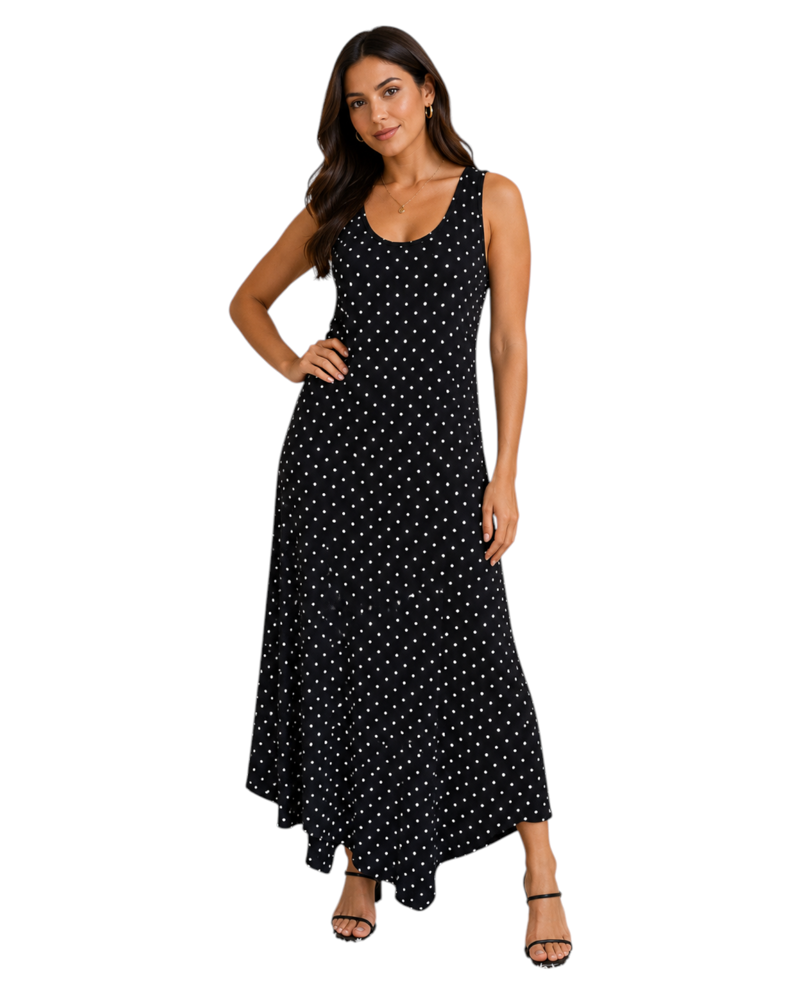 Modelo vestindo vestido longo preto com estampa de poá branco, alças largas e decote arredondado, Bazar Oficial Efata