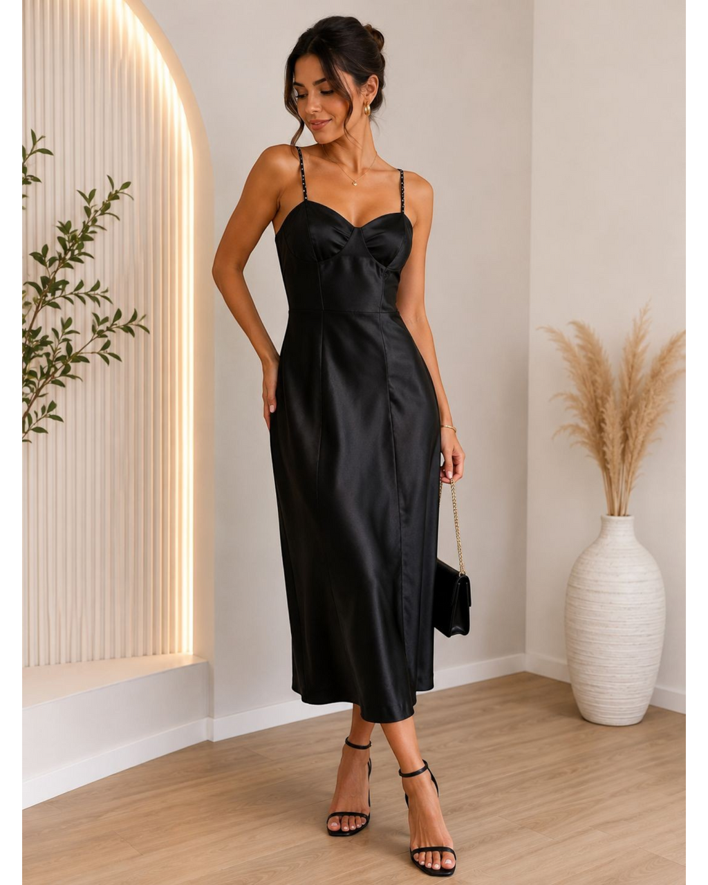 Vestido longo preto acetinado BAZAR OFICIAL EFATA com decote coração e alças finas em modelo elegante para festas.