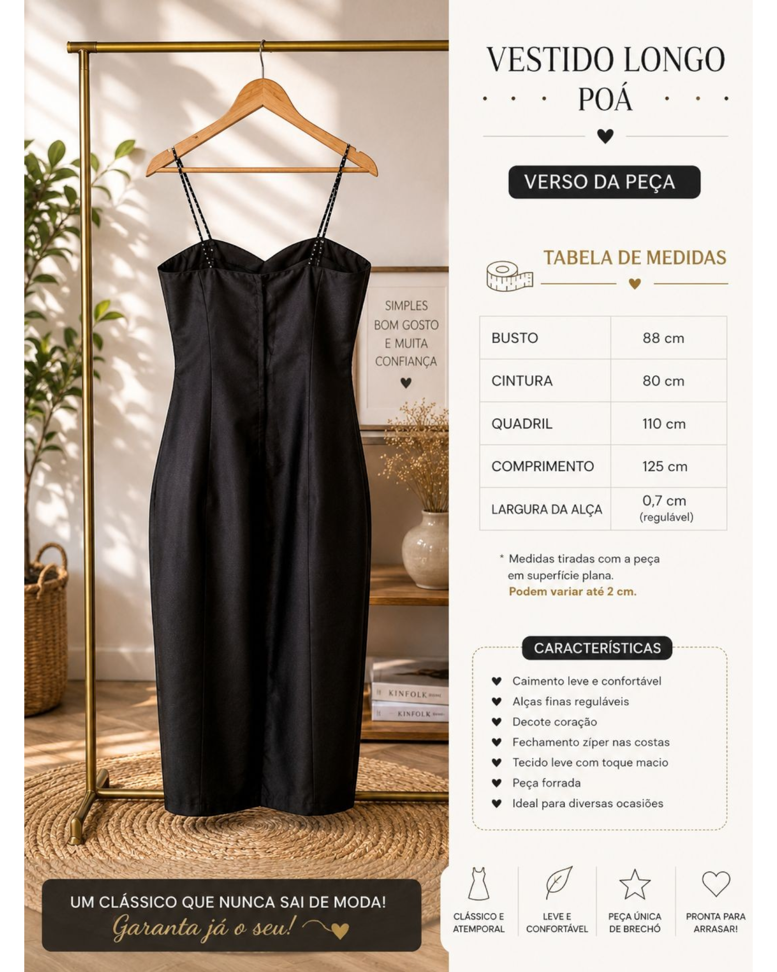 Vestido longo preto acetinado BAZAR OFICIAL EFATA com decote coração e alças finas reguláveis em cabide