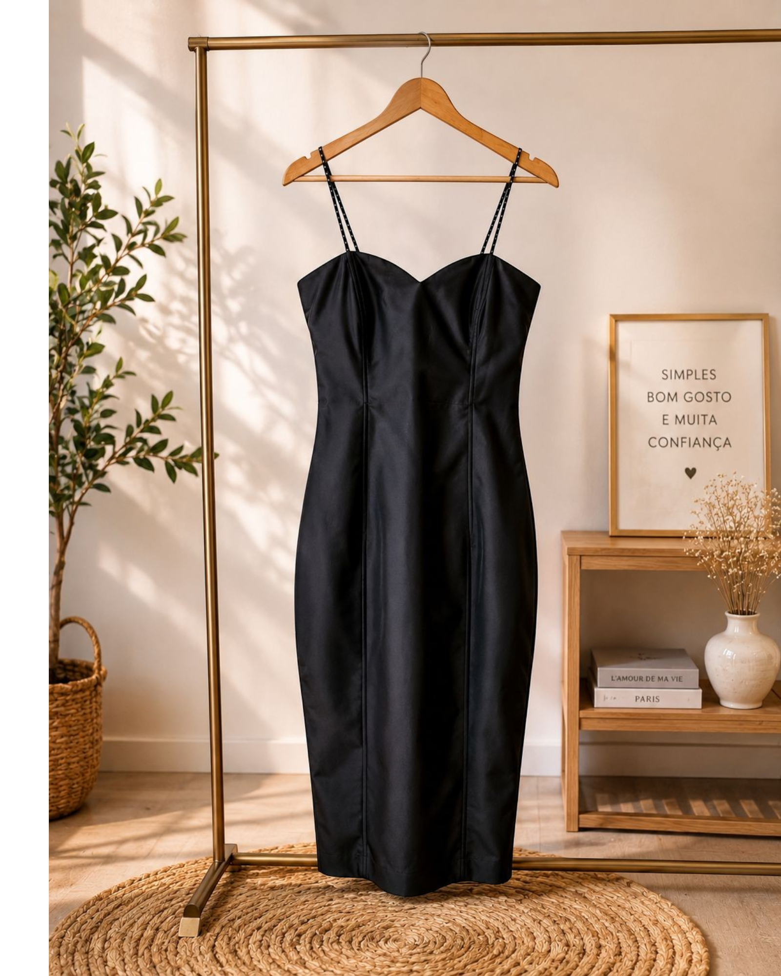 Vestido longo preto acetinado BAZAR OFICIAL EFATA com decote coração e alças finas em cabide dourado