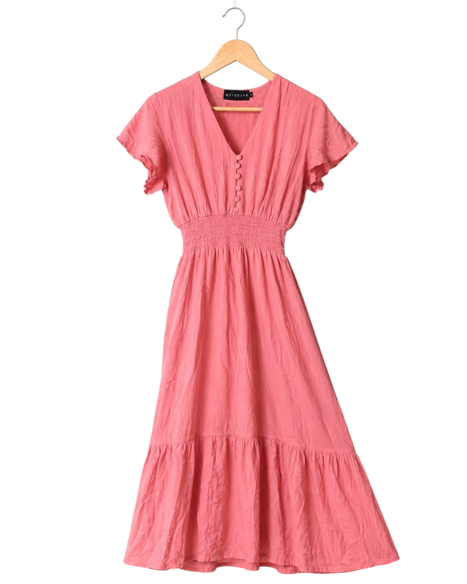 Vestido midi rosa BAZAR OFICIAL EFATA com decote em V, mangas com babados, botões frontais e cintura elástica.