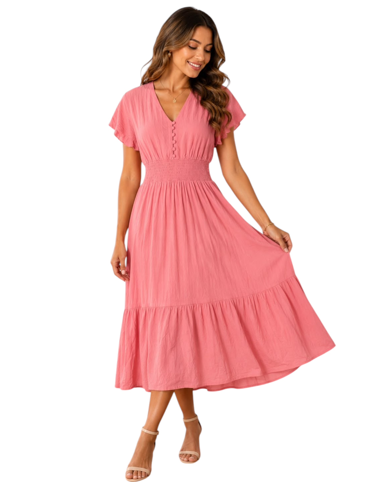 Modelo veste vestido midi rosa BAZAR OFICIAL EFATA com decote em V, mangas com babados e cintura elástica franzida.